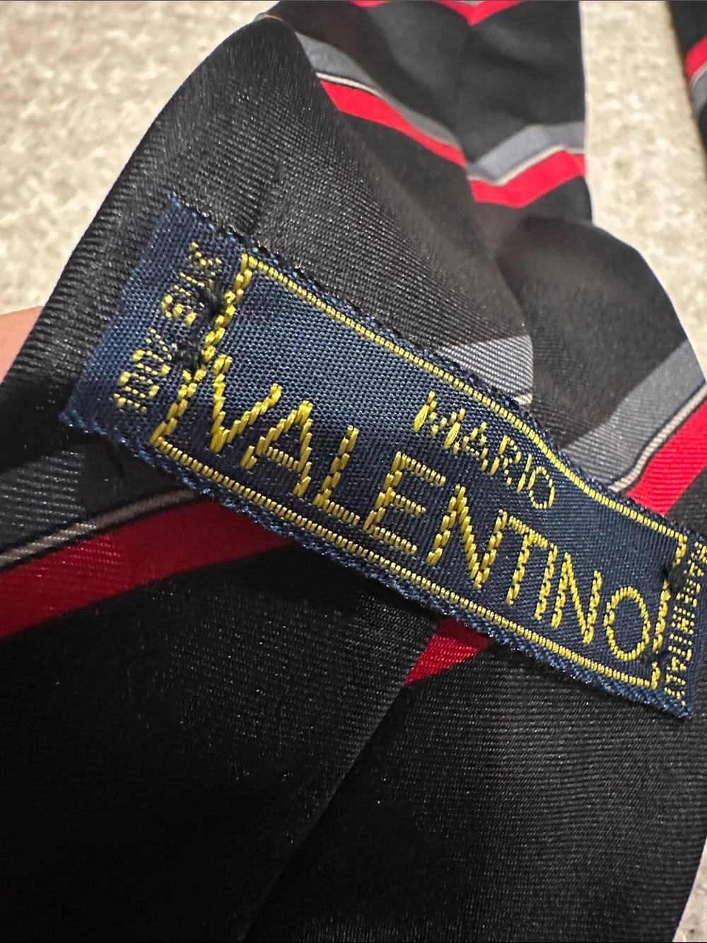 Classic Black Tie with Red and Gray Stripes